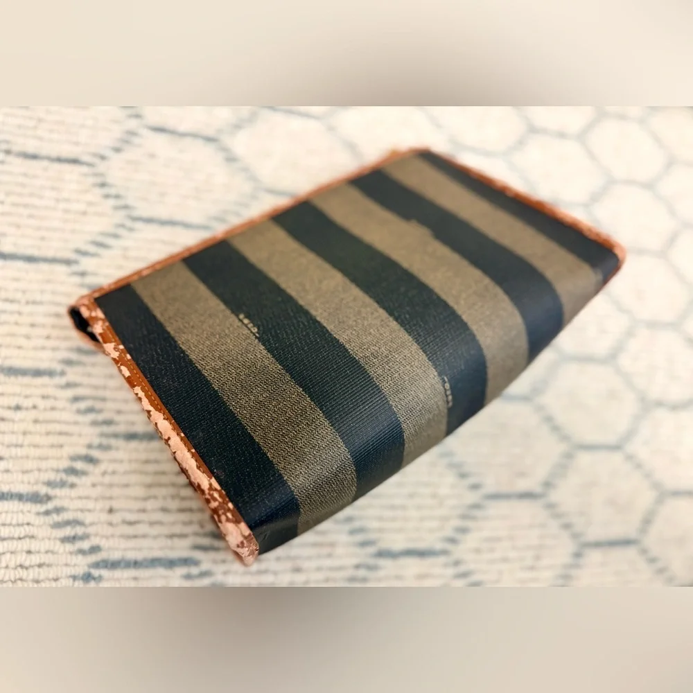 FENDI Vintage Classic Brown Canvas Leather Pequin Striped Logo Clutch Pouch - Picture 9 of 16